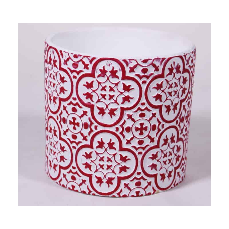  Pot  rond motif  floral relief  rouge et blanc D 12 x H 10 5 cm